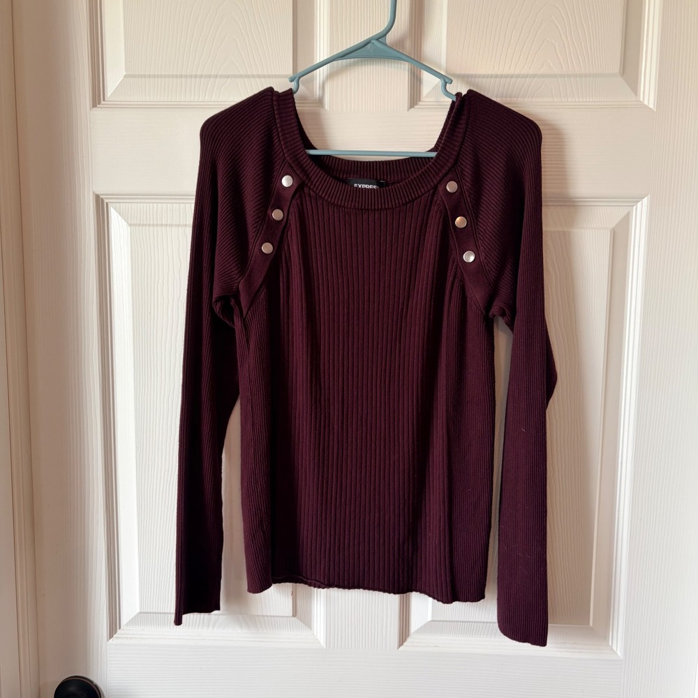 Express Womens XL Maroon Ribbed Knit Scoop Neck Sweater Button Shoulder Detail